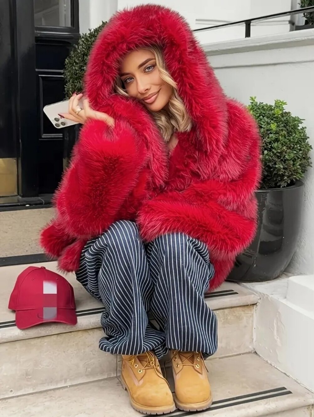 New Winter Women'S Stylish And Elegant Red Faux Coat, Casual Long-Sleeve Hooded - Picture 4 of 5